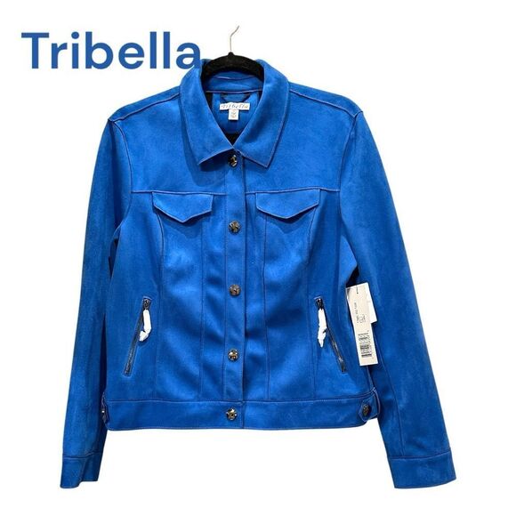 TRIBELLA Blazer Jacket Size L Faux Suede Micro-Denier Snaps Cobalt Blue - Picture 1 of 14